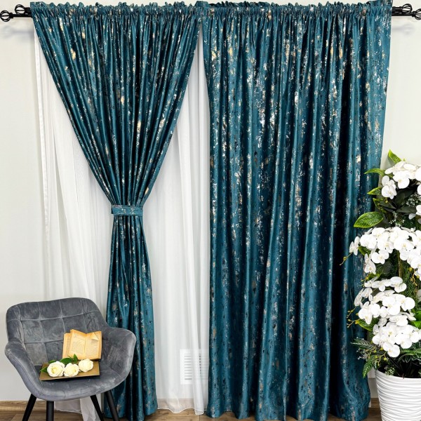 Set 2 Draperii Catifea CRETA cu insertii aurii - 100cm x 200cm, Rejansa pentru sina, Turquoise - V6 [1]