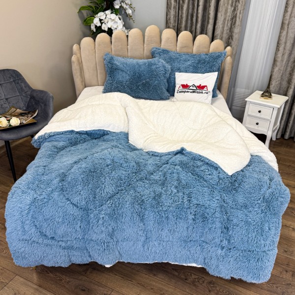  Pilota CoCoLiNo Fluffy, cu Blanita tip Sherpa, Alba, 200x230cm + 2 fete de perna 50x70cm, matlasata, Gri Albastrui [1]