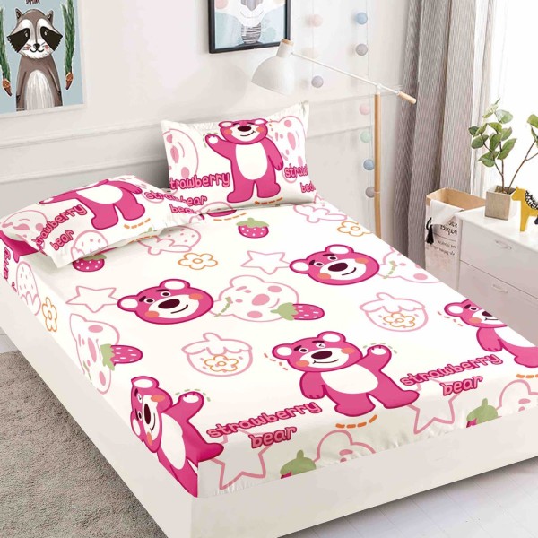 Cearsaf cu elastic, Bumbac FINET, 160/180x200cm, 2 fete de perne 50x70cm, Jojo Home, Roz, ursuleti, capsune [1]