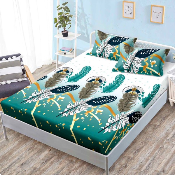 Cearsaf cu elastic, FINET, 160x200cm, 2 fete de perne 50x70cm, Alb, Verde, Pene – confort si eleganta pentru patul tau [1]