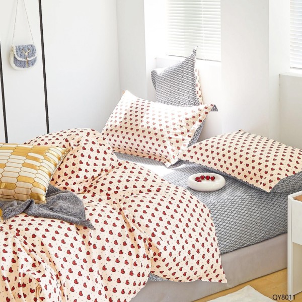 Lenjerie pat dublu, BUMBAC 100% Percal, cu Elastic, 4 piese, Crem, Gri, Inimioare [1]