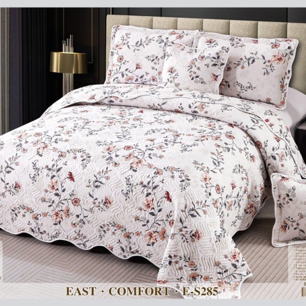 Cuvertura matlasata 230x250cm si 4 fete de perna, Bumbac, Crem, flori [1]