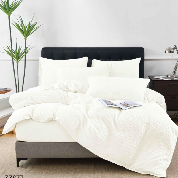 Lenjerie de Pat Dublu din Bumbac Tricotat - Set Premium 4 Piese cu Cearșaf Elastic și Imprimeu Satinat pentru Confort și Eleganță, Crem [1]