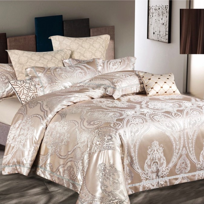 Lenjerie de Pat Dublu Jacquard Premium Satinat Set 6 Piese Calitate Superioară Luciu Elegant și Confort Desăvârșit Bej Gold