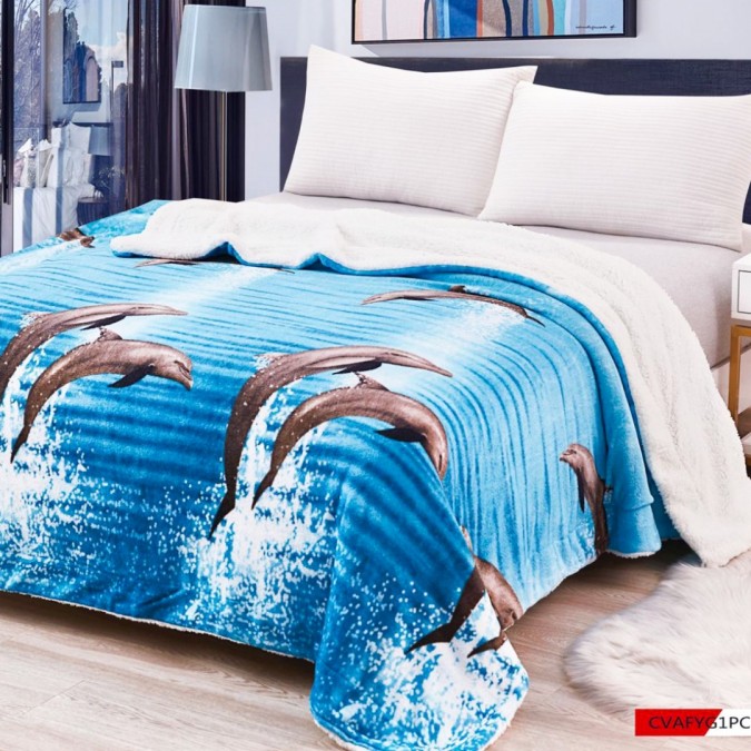 Pătură Luxoasă Cocolino din Microfibră Ultra-Moale cu Blăniță Sherpa 200x230 cm - Confort Maxim și Design Elegant pentru Nopți Perfecte Bleu Delfini