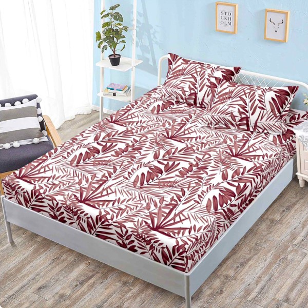 Cearsaf cu elastic, FINET, 160x200cm, 2 fete de perne 50x70cm, Alb, Grena, Frunze – confort si eleganta pentru patul tau [1]
