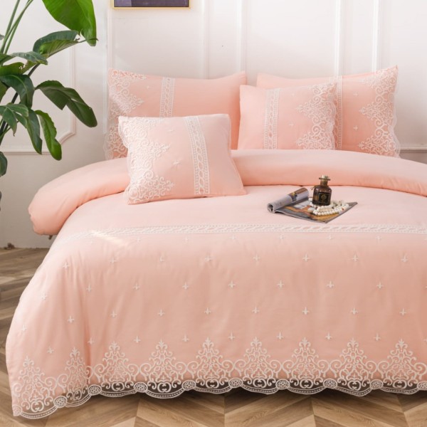 Lenjerie pat dublu, Bumbac Fin cu Dantela si Broderie Rafinata,  CEARSAF CU ELASTIC, 6 piese, Somon [1]