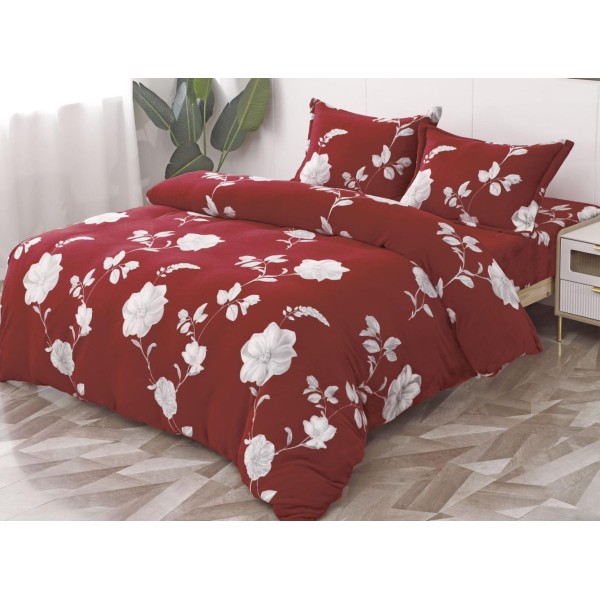 Lenjerie pat dublu, Super Pufoasa COCOLINO, 4 piese, cu ELASTIC, Grena, flori [1]