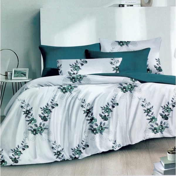 Lenjerie pat dublu,  FINET, 6 piese, Bleu, flori, fundite [1]