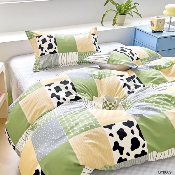 Lenjerie pat dublu, BUMBAC 100% Percal, cu Elastic, 4 piese, Verde, Gri, Galben, Animal Print, Forme Geometrice [1]