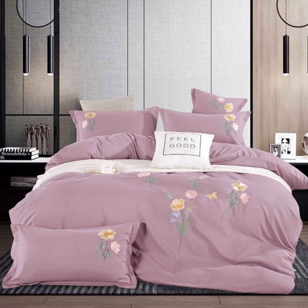 Lenjerie de Pat Dublu cu Elastic, Bumbac Satinat Deluxe, 4 Piese, Roz Pudra - Moale, Rezistentă, Ușor de Întreținut [1]