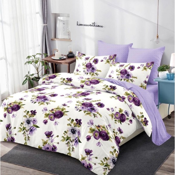 Lenjerie pat dublu,  FINET, cu elastic, 6 piese, Alb, Mov, Bujori, Trandafiri, Flori [1]