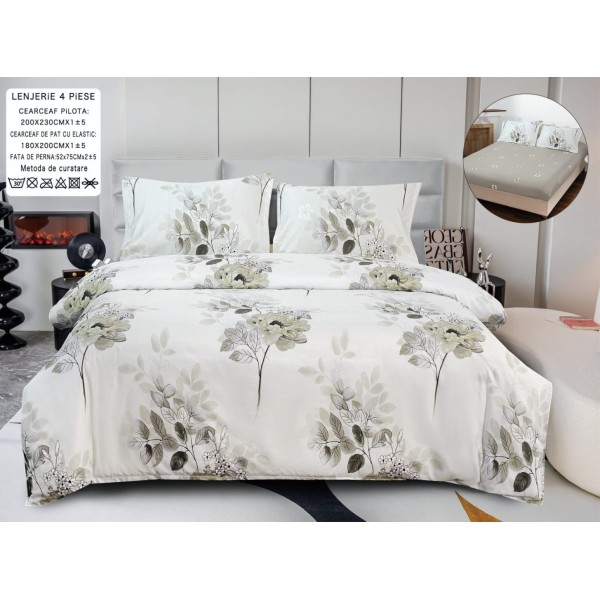 Lenjerie pat dublu, bumbac satinat,  Cearsaf cu ELASTIC 180x200cm, 4 PIESE, Crem, flori [1]