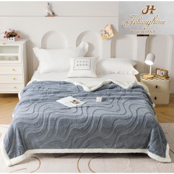 Pătură Super Soft Cocolino cu Blăniță, 200x230 cm – Eleganță și Căldură cu Model 3D în Relief, Valuri Elegante, Gri deschis [1]