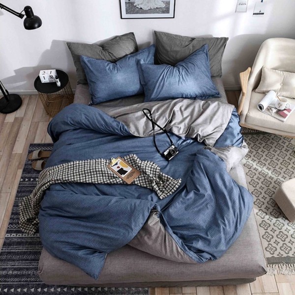 Lenjerie pat 140x200cm, 4 piese, cu ELASTIC,  Gri-Albastru [1]