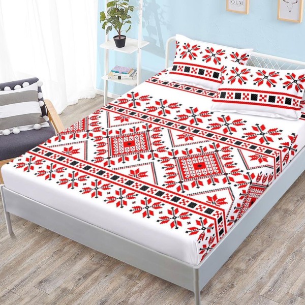 Cearsaf cu elastic, FINET, 180x200cm, 2 fete de perne 50x70cm, Alb-Rosu, model traditional [1]
