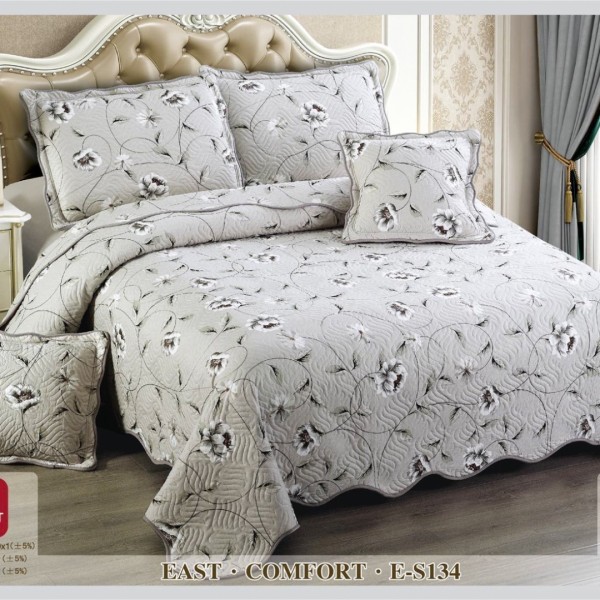 Cuvertura matlasata 230x250cm si 4 fete de perna, Bumbac, Gri, flori [1]