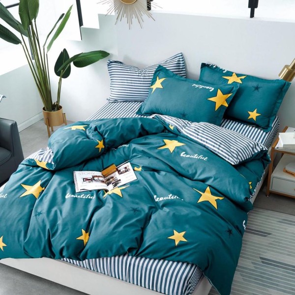 Lenjerie pat dublu cu Elastic (160x200cm si 180x200cm), bumbac satinat, Turquoise, stelute [1]