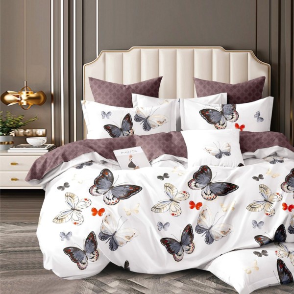 Lenjerie pat dublu, bumbac 100% percal, 4 piese, cu doua fete, Alb, Multicolor, fluturi [1]