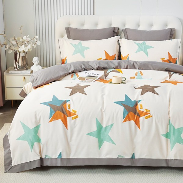 Lenjerie de Pat Dublu, Super Premium,  Finet Ranforsat, 6 Piese, Ambalat în Cutie de Lux, Crem, Gri, stelute [1]