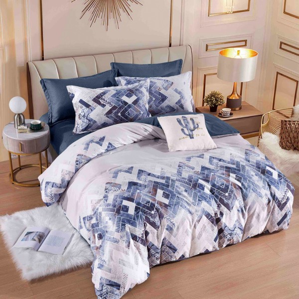 Lenjerie pat dublu,  FINET, 6 piese, Jojo Home, Albastru, forme geometrice [1]