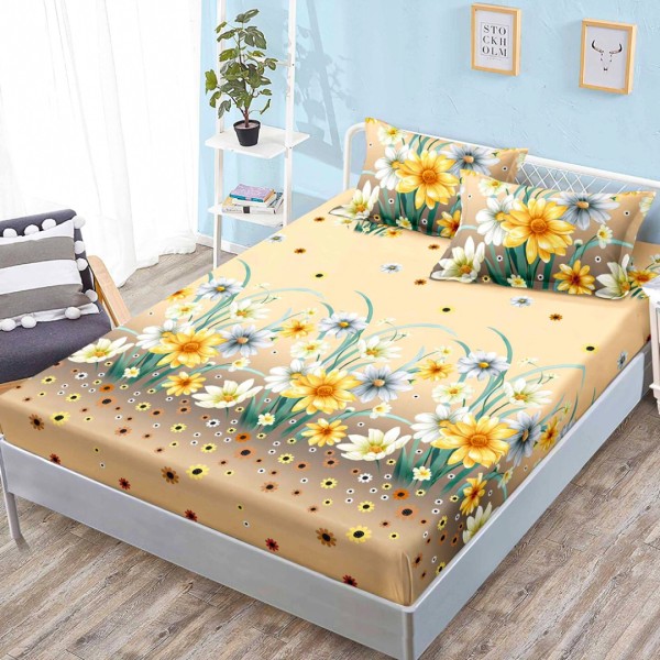 Cearsaf cu elastic, FINET, 160x200cm, 2 fete de perne 50x70cm, Bej, Flori – confort si eleganta pentru patul tau [1]