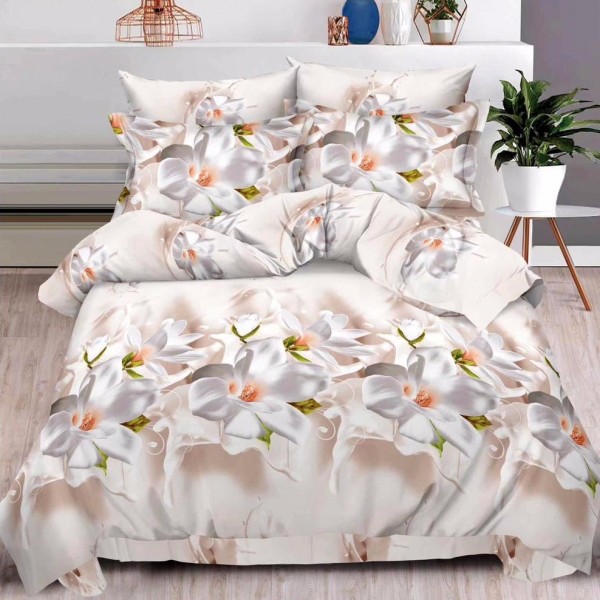 Lenjerie pat dublu, 6 PIESE, IMPRIMEU 3D Multiplicat, Bej, flori [1]