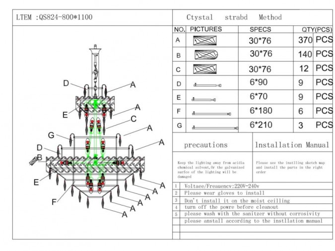 Candelabru RFAN, Model QS824/600x860, Textura Cristal, Metal, 15 X E27, Auriu