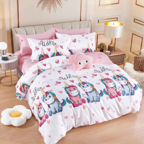 Lenjerie pat dublu,  FINET, 6 piese, Jojo Home, Alb, Multicolor, unicorni [1]