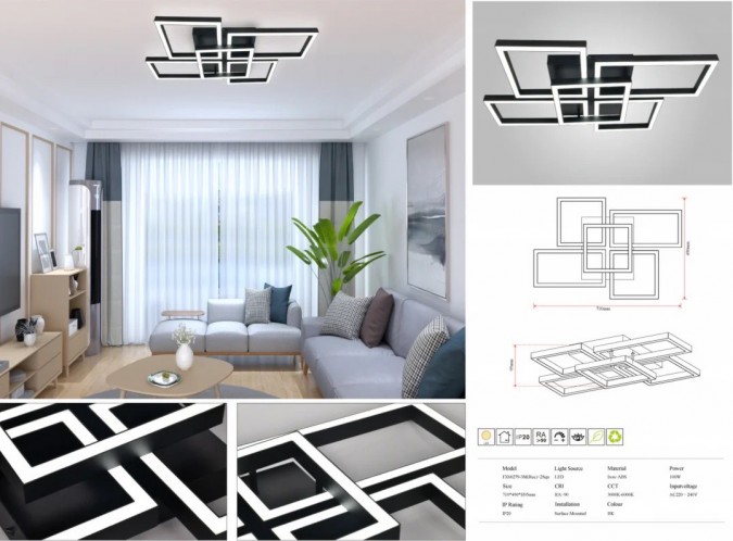 Lustra LED RFAN, Model FX60279-3+2, Cu Telecomanda, 3 Tipuri De Lumina, Intensitate Reglabila, 100W, Negru