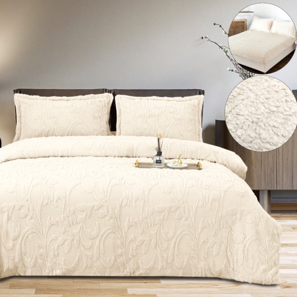 Lenjerie de pat dublu, Luxoasa si Super Pufoasa CoCoLiNo 3D, cu Blanita Sherpa, 4 Piese, Cearsaf cu Elastic – Microfibra Plusata, Caldura si Stil pentru Dormitorul Tau, Floral print, Crem [1]