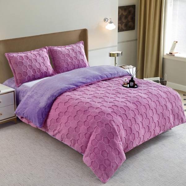 Lenjerie de Pat Dublu, CoCoLiNo Ultra Pufoasă, 4 piese, Cearșaf cu ELASTIC, cu Fagure 3D – Somn Regal în Confort Absolut, Lila [1]