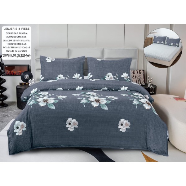 Lenjerie pat dublu, bumbac satinat,  Cearsaf cu ELASTIC 180x200cm, 4 PIESE, Gri, flori [1]