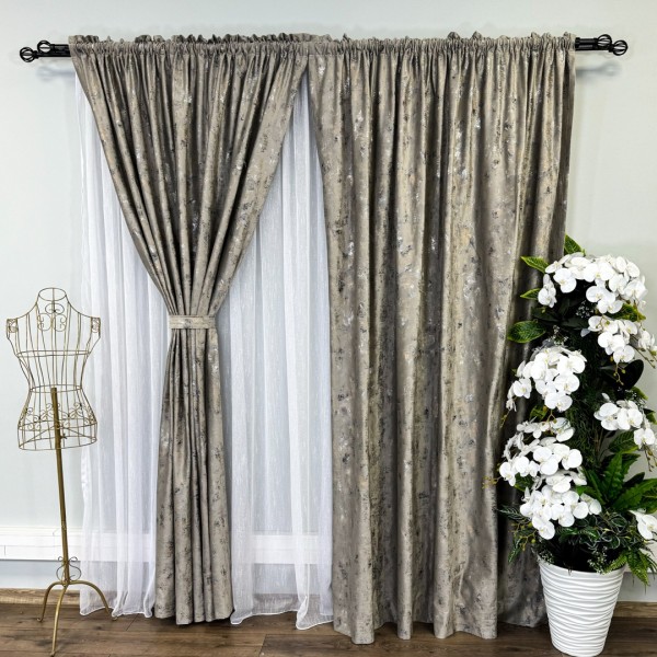 Set Draperii Catifea Asama cu insertii aurii - 200cm x 250cm ,Tiv lat,  Grej - V31 [1]