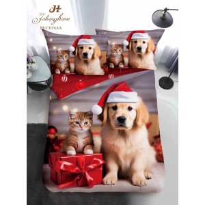 Lenjerie pat 1 PERSOANA, BUMBAC FINET, 4 piese, Identică cu Poza, Craciun, Gri, Roșu, pisica, cățel, golden retriever