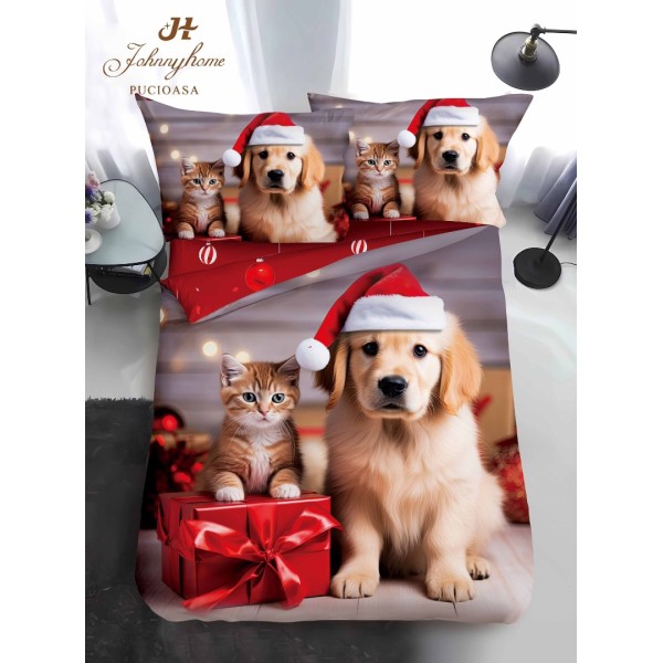 Lenjerie pat 1 PERSOANA, BUMBAC FINET, 4 piese, Identică cu Poza, Craciun, Gri, Roșu, pisica, cățel, golden retriever [1]