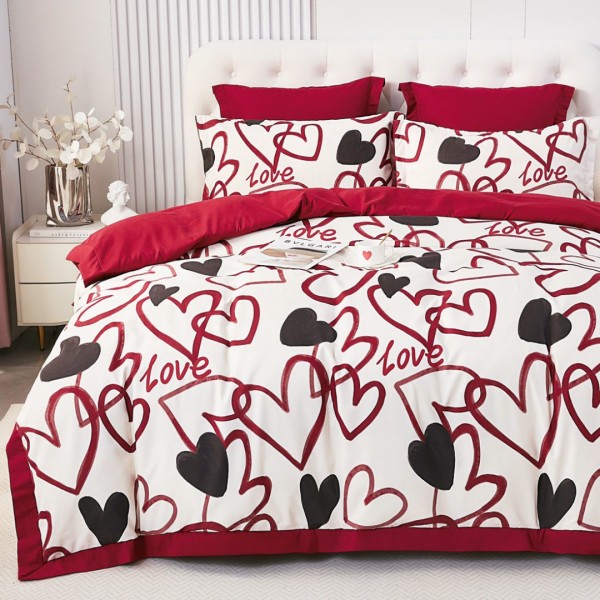 Lenjerie de Pat Dublu, Super Premium,  Finet Ranforsat, 6 Piese, Ambalat în Cutie de Lux, Alb, Rosu, inimioare [1]