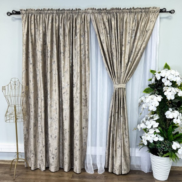 Set 2 Draperii Catifea Asama cu insertii aurii - 200cm x 250cm,Tiv lat , Crem - V2 [1]