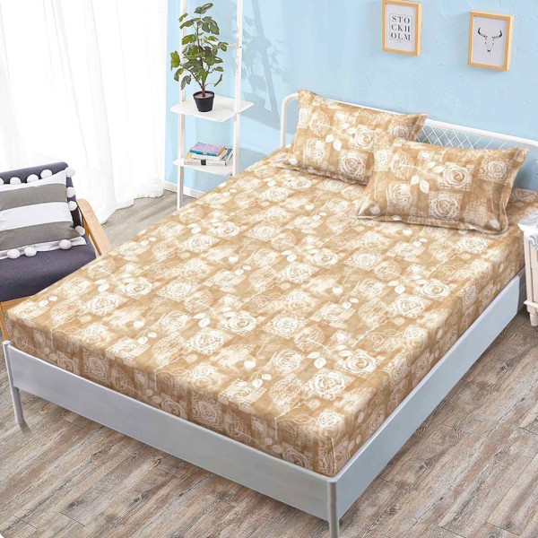 Cearsaf cu elastic, FINET, 160x200cm, 2 fete de perne 50x70cm, Bej, Alb, Trandafiri – confort si eleganta pentru patul tau [1]