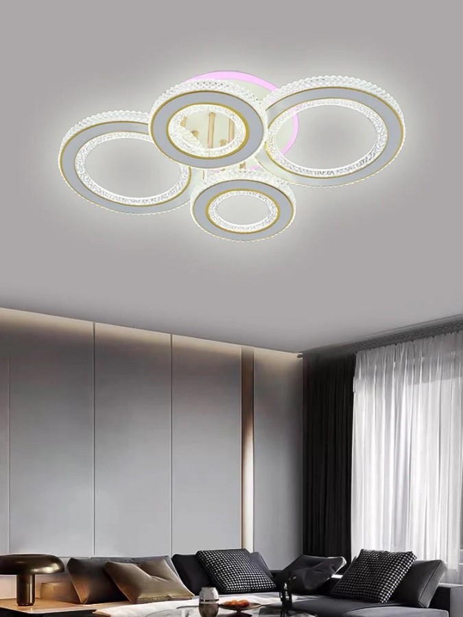 Lustra LED RFAN, Model R9134/2+2C, Cu Telecomanda, 3 Tipuri De Lumina Plus Lumina RGB, Intensitate Reglabila, 71W, Alb/Auriu