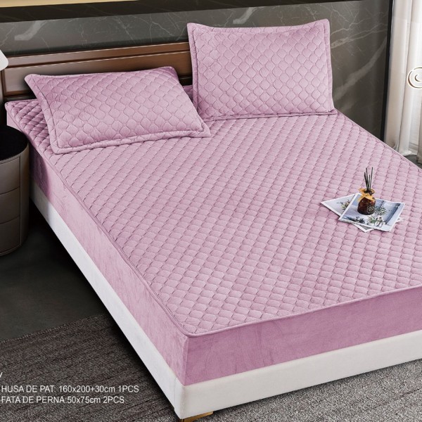 Husă Matlasată Tip Topper din Catifea 160x200cm, cu 2 Fețe de Pernă 50x70cm -  Somn Odihnitor și Susținere pentru Spate, Roz inchis [1]