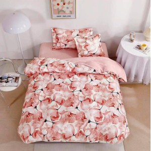 Lenjerie pat 140x200cm,  FINET, 4 piese, cu ELASTIC, Roz, flori