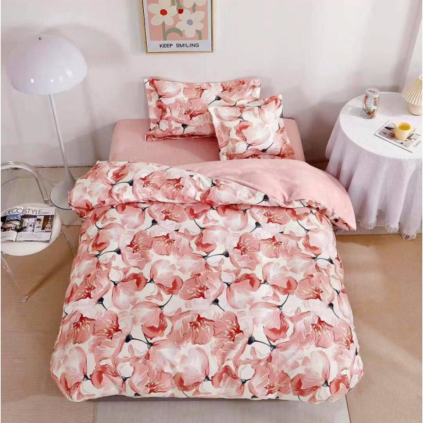 Lenjerie pat 140x200cm,  FINET, 4 piese, cu ELASTIC, Roz, flori [1]