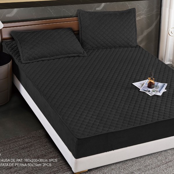 Husă Matlasată Tip Topper din Catifea 160x200cm, cu 2 Fețe de Pernă 50x70cm -  Somn Odihnitor și Susținere pentru Spate, Negru [1]