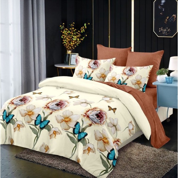 Lenjerie pat dublu,  FINET, cu elastic, 6 piese, Crem, Maro, Flori, Fluturi [1]