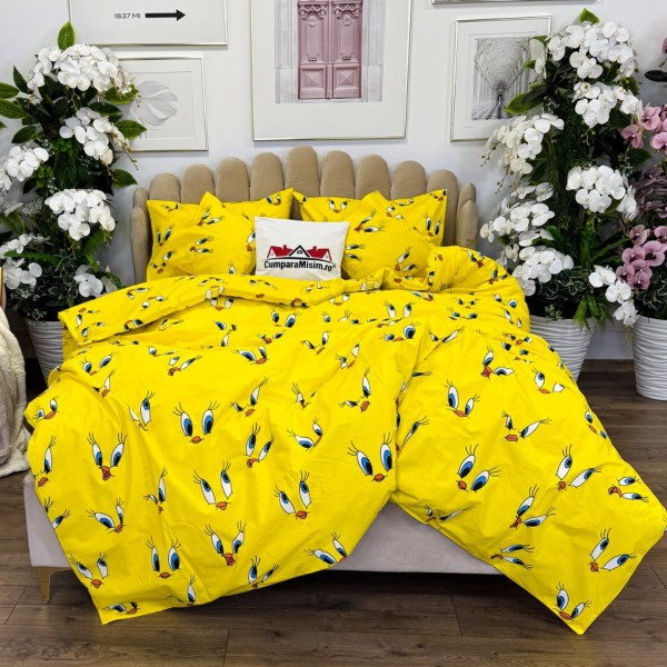 Lenjerie de Pat Dublu, Bumbac Ranforce, 6 piese, Croită cu Grija in Atelierul Cumparamisim - Lux Suprem, Rafinament Desăvârșit, Confort Regal, Galben, Tweety [1]