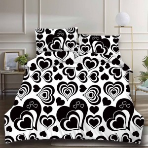 Lenjerie pat dublu (140x200cm, 160x200cm, 180x200cm), cearsaf clasic, imprimeu 3D, Alb-Negru, inimioare Lenjerie pat dublu (140x200cm, 160x200cm, 180x200cm), cearsaf clasic, imprimeu 3D, Alb-Negru, inimioare