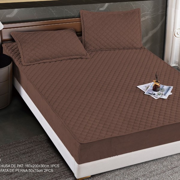 Husă Matlasată Tip Topper din Catifea 160x200cm, cu 2 Fețe de Pernă 50x70cm -  Somn Odihnitor și Susținere pentru Spate, Maro [1]