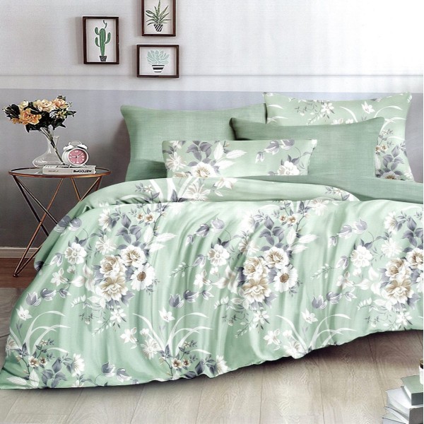Lenjerie pat dublu,  FINET, 6 piese, Verde, flori [1]