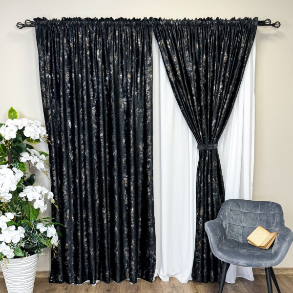 Set Draperii Catifea Asama cu insertii aurii -200cm x 250cm ,Tiv lat ,  Negru - V16 [1]